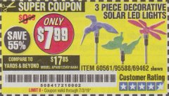 Harbor Freight Coupon 3 PIECE DECORATIVE SOLAR LED LIGHTS Lot No. 95588/69462/60561 Expired: 7/3/19 - $7.99