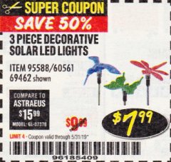 Harbor Freight Coupon 3 PIECE DECORATIVE SOLAR LED LIGHTS Lot No. 95588/69462/60561 Expired: 5/31/19 - $7.99