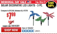 Harbor Freight Coupon 3 PIECE DECORATIVE SOLAR LED LIGHTS Lot No. 95588/69462/60561 Expired: 5/31/19 - $7.99