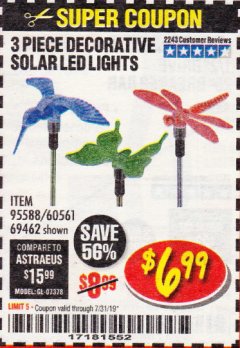 Harbor Freight Coupon 3 PIECE DECORATIVE SOLAR LED LIGHTS Lot No. 95588/69462/60561 Expired: 7/31/19 - $6.99
