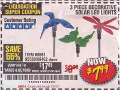 Harbor Freight Coupon 3 PIECE DECORATIVE SOLAR LED LIGHTS Lot No. 95588/69462/60561 Expired: 7/31/19 - $7.99