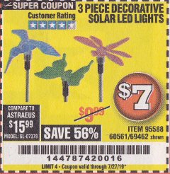 Harbor Freight Coupon 3 PIECE DECORATIVE SOLAR LED LIGHTS Lot No. 95588/69462/60561 Expired: 7/27/19 - $7