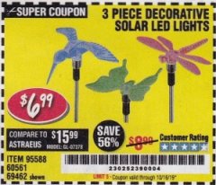Harbor Freight Coupon 3 PIECE DECORATIVE SOLAR LED LIGHTS Lot No. 95588/69462/60561 Expired: 10/16/19 - $6.99