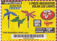 Harbor Freight Coupon 3 PIECE DECORATIVE SOLAR LED LIGHTS Lot No. 95588/69462/60561 Expired: 11/14/19 - $6.99