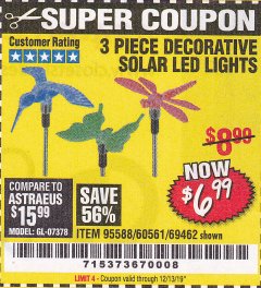 Harbor Freight Coupon 3 PIECE DECORATIVE SOLAR LED LIGHTS Lot No. 95588/69462/60561 Expired: 12/13/19 - $6.99