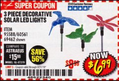 Harbor Freight Coupon 3 PIECE DECORATIVE SOLAR LED LIGHTS Lot No. 95588/69462/60561 Expired: 8/31/19 - $6.99