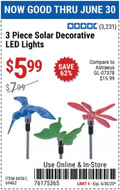 Harbor Freight Coupon 3 PIECE DECORATIVE SOLAR LED LIGHTS Lot No. 95588/69462/60561 Expired: 6/30/20 - $5.99