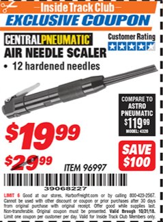 Harbor Freight ITC Coupon AIR NEEDLE SCALER Lot No. 96997 Expired: 10/31/18 - $19.99