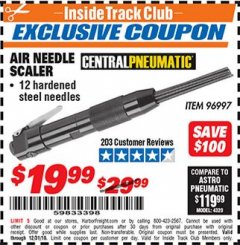 Harbor Freight ITC Coupon AIR NEEDLE SCALER Lot No. 96997 Expired: 12/31/18 - $19.99