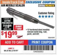 Harbor Freight ITC Coupon AIR NEEDLE SCALER Lot No. 96997 Expired: 2/19/19 - $19.99