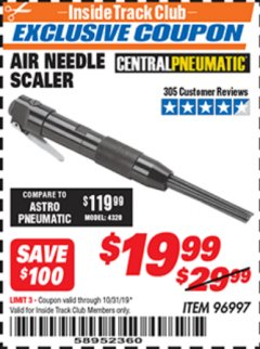 Harbor Freight ITC Coupon AIR NEEDLE SCALER Lot No. 96997 Expired: 10/31/19 - $19.99