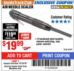 Harbor Freight ITC Coupon AIR NEEDLE SCALER Lot No. 96997 Expired: 12/18/19 - $19.99