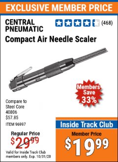 Harbor Freight ITC Coupon AIR NEEDLE SCALER Lot No. 96997 Expired: 10/31/20 - $19.99