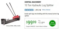 Harbor Freight Coupon 10 TON HYDRAULIC LOG SPLITTER Lot No. 62291/39981/67090 Expired: 6/30/20 - $99.99