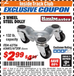 Harbor Freight ITC Coupon 3 WHEEL MOVERS DOLLY Lot No. 62706/67208 Expired: 9/30/18 - $2.99