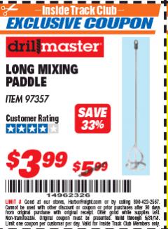 Harbor Freight ITC Coupon LONG MIXING PADDLE Lot No. 97357 Expired: 5/31/18 - $3.99