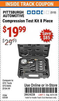 Harbor Freight ITC Coupon 8 PIECE COMPRESSION TEST KIT Lot No. 62638/69885 Expired: 8/31/20 - $19.99