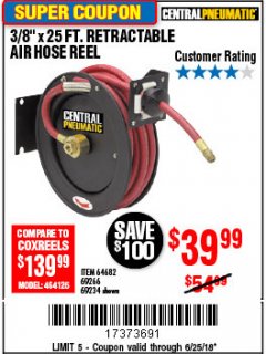 Harbor Freight Coupon 3/8" X 50 FT. AIR HOSE REEL Lot No. 40131/69232 Expired: 6/25/18 - $39.99