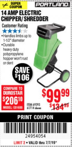 Harbor Freight Coupon 14 AMP ELECTRIC SHREDDER Lot No. 61714/69293 Expired: 7/7/19 - $99.99