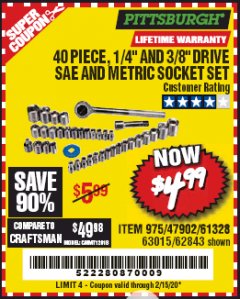 Harbor Freight Coupon 40 PIECE 1/4" AND 3/8" DRIVE SOCKET SET Lot No. 61328/62843/63015/47902 Expired: 2/15/20 - $4.99