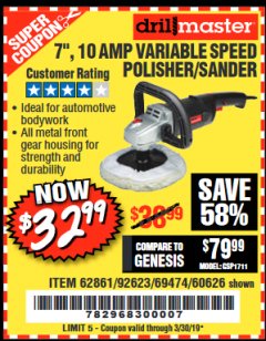 Harbor Freight Coupon 7" VARIABLE SPEED POLISHER/SANDER Lot No. 62861/92623/60626 Expired: 3/30/19 - $32.99
