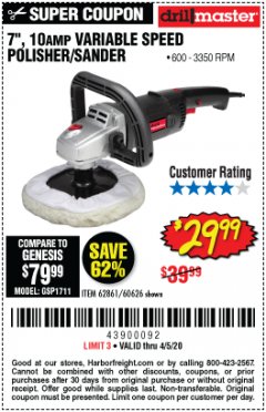 Harbor Freight Coupon 7" VARIABLE SPEED POLISHER/SANDER Lot No. 62861/92623/60626 Expired: 6/30/20 - $29.99