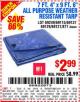 Harbor Freight Coupon 7 FT. 4" x 9 FT. 6" ALL PURPOSE WEATHER RESISTANT TARP Lot No. 877/69115/69121/69129/69137/69249 Expired: 11/12/15 - $2.99