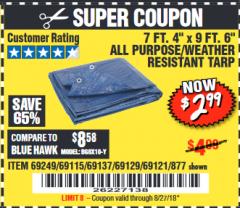 Harbor Freight Coupon 7 FT. 4" x 9 FT. 6" ALL PURPOSE WEATHER RESISTANT TARP Lot No. 877/69115/69121/69129/69137/69249 Expired: 8/27/18 - $2.99