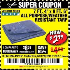 Harbor Freight Coupon 7 FT. 4" x 9 FT. 6" ALL PURPOSE WEATHER RESISTANT TARP Lot No. 877/69115/69121/69129/69137/69249 Expired: 9/18/18 - $2.99