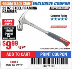 Harbor Freight ITC Coupon STEEL PROFESSIONAL HAMMERS Lot No. 60517/38383/61512/60518 Expired: 7/2/19 - $9.99
