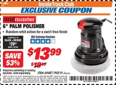 Harbor Freight ITC Coupon 6" PALM POLISHER Lot No. 69487/90219 Expired: 8/31/19 - $13.99
