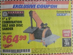 Harbor Freight ITC Coupon 1" X 5" COMBINATION BELT AND DISC SANDER Lot No. 34951/69033 Expired: 7/31/18 - $64.99