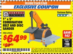 Harbor Freight ITC Coupon 1" X 5" COMBINATION BELT AND DISC SANDER Lot No. 34951/69033 Expired: 7/31/18 - $64.99