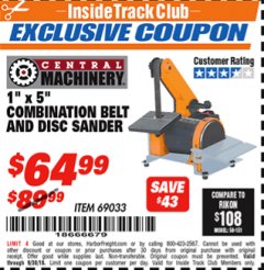 Harbor Freight ITC Coupon 1" X 5" COMBINATION BELT AND DISC SANDER Lot No. 34951/69033 Expired: 9/30/18 - $64.99