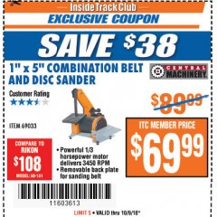Harbor Freight ITC Coupon 1" X 5" COMBINATION BELT AND DISC SANDER Lot No. 34951/69033 Expired: 10/9/18 - $69.99