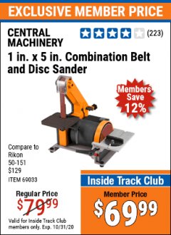 Harbor Freight ITC Coupon 1" X 5" COMBINATION BELT AND DISC SANDER Lot No. 34951/69033 Expired: 10/31/20 - $69.99
