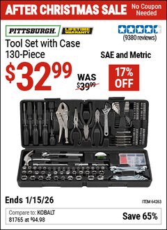 Harbor Freight Coupon PITTSBURGH TOOL SET WITH CASE, 130-PIECE Lot No. 64263 Valid Thru: 1/15/26 - $32.99