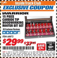 Harbor Freight ITC Coupon 15 PIECE CARBIDE TIP WOODWORKING ROUTER BIT SET Lot No. 68872 Expired: 12/31/18 - $29.99