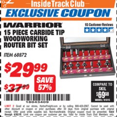 Harbor Freight ITC Coupon 15 PIECE CARBIDE TIP WOODWORKING ROUTER BIT SET Lot No. 68872 Expired: 4/30/19 - $29.99