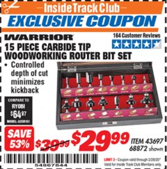 Harbor Freight ITC Coupon 15 PIECE CARBIDE TIP WOODWORKING ROUTER BIT SET Lot No. 68872 Expired: 2/29/20 - $29.99