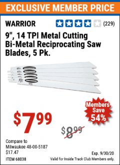Harbor Freight ITC Coupon 9" 14 TPI METAL CUTTING BI-METAL RECIPROCATING SAW BLADES-  PACK OF 5 Lot No. 68949/62129/68038 Expired: 9/30/20 - $7.99