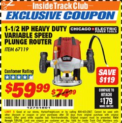 Harbor Freight ITC Coupon 1.5 HP HEAVY DUTY VARIABLE SPEED PLUNGE ROUTER Lot No. 67119 Expired: 7/31/18 - $59.99