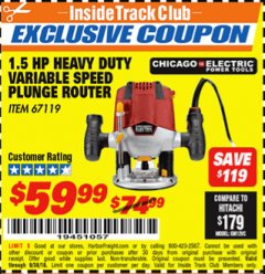 Harbor Freight ITC Coupon 1.5 HP HEAVY DUTY VARIABLE SPEED PLUNGE ROUTER Lot No. 67119 Expired: 9/30/18 - $59.99