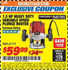 Harbor Freight ITC Coupon 1.5 HP HEAVY DUTY VARIABLE SPEED PLUNGE ROUTER Lot No. 67119 Expired: 11/30/18 - $59.99
