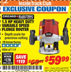 Harbor Freight ITC Coupon 1.5 HP HEAVY DUTY VARIABLE SPEED PLUNGE ROUTER Lot No. 67119 Expired: 6/30/20 - $59.99