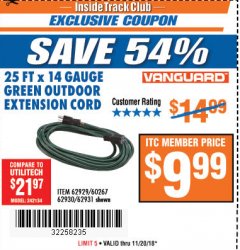 Harbor Freight ITC Coupon 25 FT. X 14 GAUGE GREEN OUTDOOR EXTENSION CORD Lot No. 60267/61862/62929/62930/62931/45283 Expired: 11/20/18 - $9.99