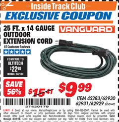 Harbor Freight ITC Coupon 25 FT. X 14 GAUGE GREEN OUTDOOR EXTENSION CORD Lot No. 60267/61862/62929/62930/62931/45283 Expired: 8/31/19 - $9.99