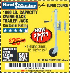 Harbor Freight Coupon 1000 LB. CAPACITY SWING-BACK TRAILER JACK Lot No. 41005/69780 Expired: 11/10/18 - $17.99