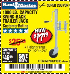 Harbor Freight Coupon 1000 LB. CAPACITY SWING-BACK TRAILER JACK Lot No. 41005/69780 Expired: 11/16/18 - $17.99