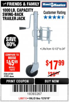Harbor Freight Coupon 1000 LB. CAPACITY SWING-BACK TRAILER JACK Lot No. 41005/69780 Expired: 12/9/18 - $17.99